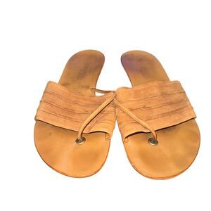 Paul Green Paula Wedge Sandals Women's Size 8 Tan Leather Thong Slip On Shoe